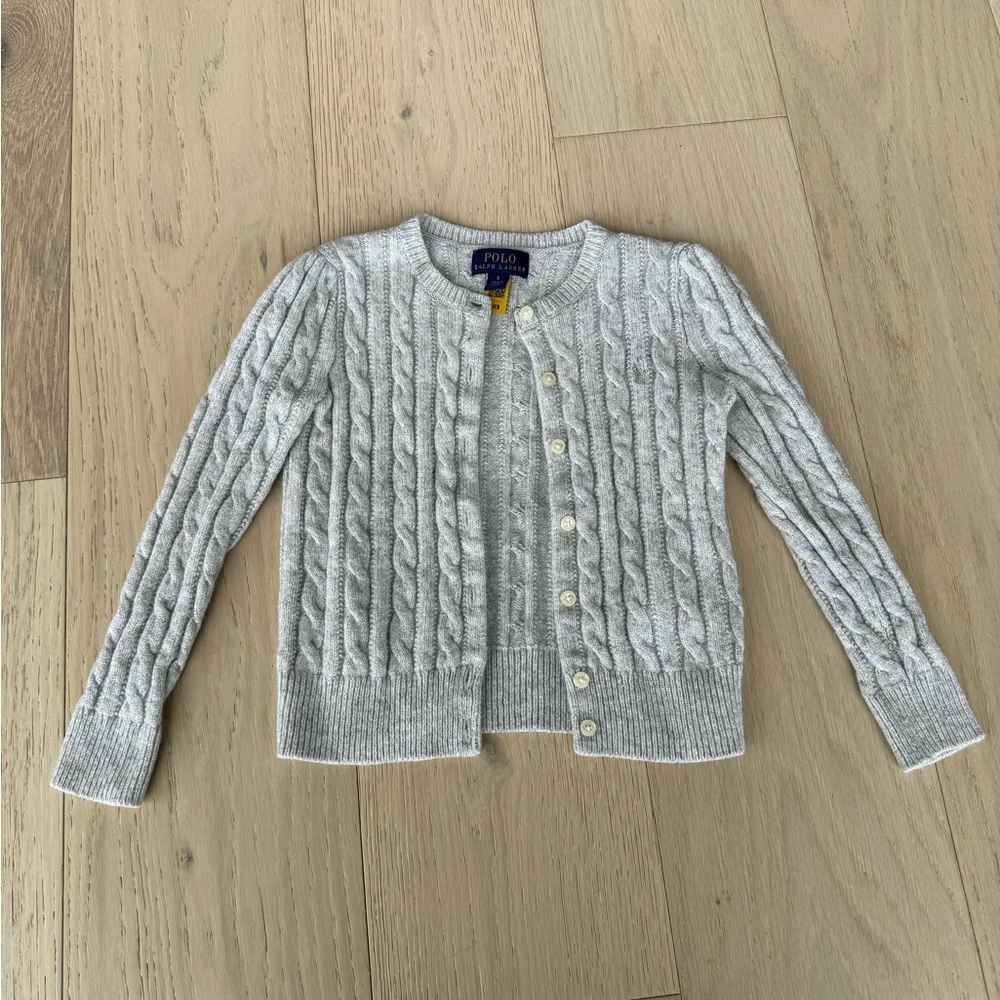 Pristine 🌟 Ralph Lauren Girls Cable Cotton Cardigan Grey Sweater Size 5 y/o